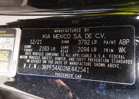 2022 Kia Forte Gt-Line from USA, damaged, VIN 3KPF54AD2NE442541